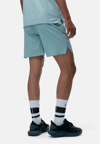 Gaiši zili sporta šorti ar sānu atverēm, apvienoti ar melniem kedām un baltām zeķēm ar melnām svītrām. Gluda, elpojoša auduma struktūra.