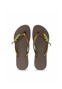 Brown rubber flip-flops with textured footbed, metallic bronze straps, and a green lizard accent on the left strap.