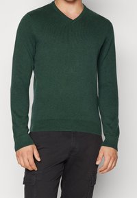 Pull vert à col en V avec poignets et ourlet côtelés. Texture douce et coupe ajustée. Porté avec un pantalon cargo noir.