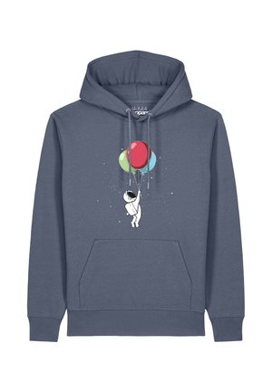 Marineblauwe hoodie met een kleine astronaut die rode, groene en blauwe ballonnen vasthoudt die omhoog zweven, omringd door kleine witte sterren.