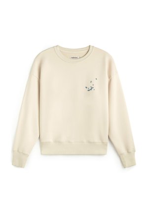 Cremefarbener Sweatshirt mit Rundhalsausschnitt, langen Ärmeln und kleinem verstreuten blauem Punktmuster auf der linken Brust.