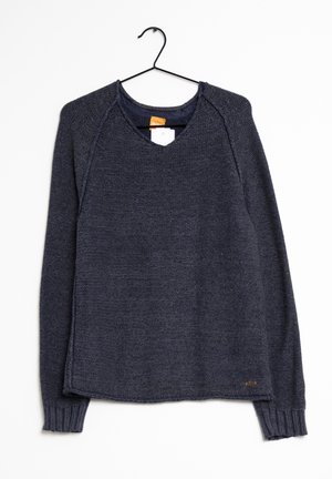 Dunkelblaues Pullover-Sweatshirt mit V-Ausschnitt, strukturiertem Stoff, langen Ärmeln, gerippten Bündchen und seitlichen Schlitzen. Besitzt ein kleines Logo-Detail.