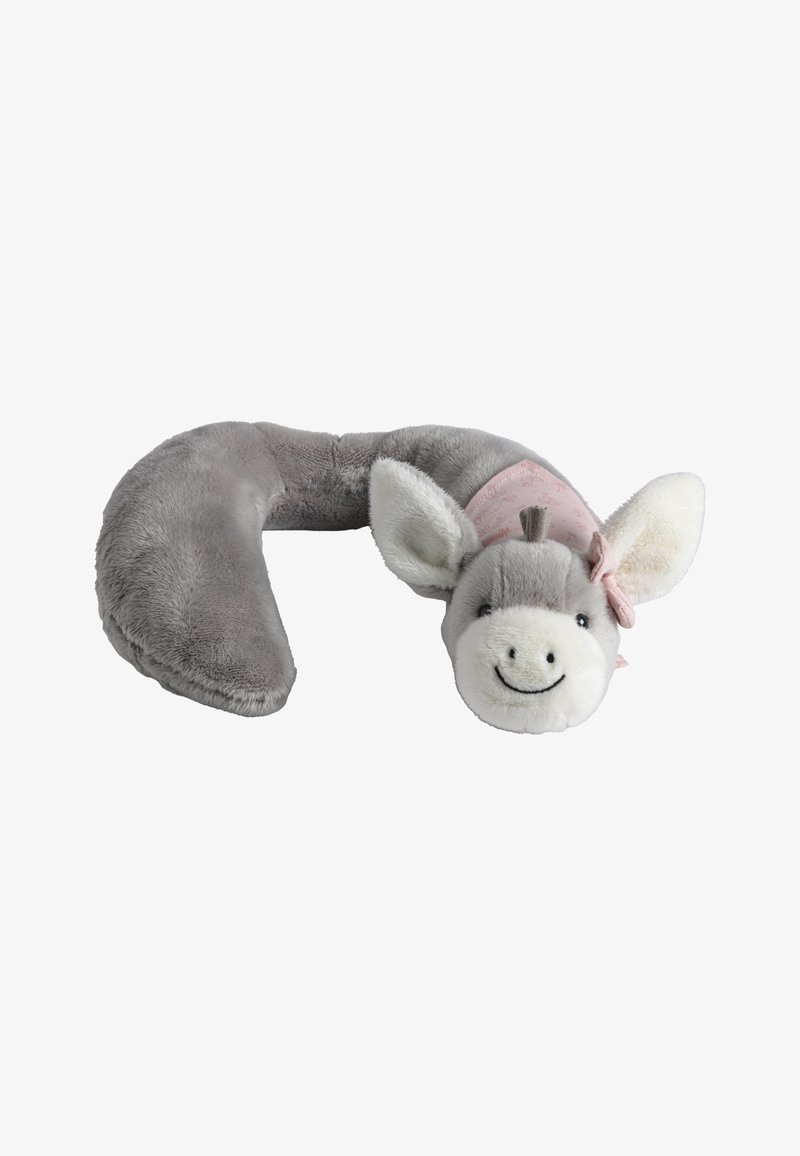 Gray plush neck pillow shaped like a donkey, featuring a smiling face, large ears, and a pink scarf with a subtle pattern. Soft texture.