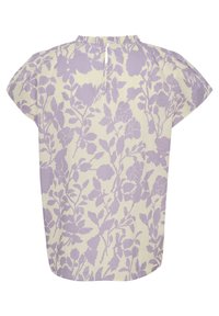 Top floreale a maniche corte color crema con motivo lilla, caratterizzato da una scollatura alta e un'apertura posteriore a goccia. Realizzato in tessuto leggero.