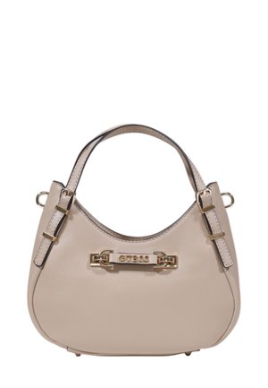 Borsa a mano in pelle beige con forma curva, hardware dorato, tracolla regolabile e dettaglio con logo sul davanti.