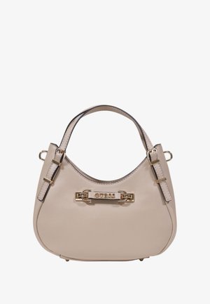 Borsa a mano in pelle beige con forma curva, hardware dorato, tracolla regolabile e dettaglio con logo sul davanti.