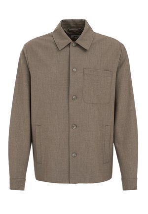 Veste marron à boutons avec col, une poche poitrine à gauche, deux poches latérales fendues, manches longues et design uni.