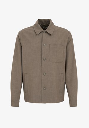 Brązowa, zapinana na guziki kurtka z kołnierzem, pojedynczą kieszenią na piersi z lewej strony, dwoma bocznymi kieszeniami z rozcięciami, długimi rękawami i prostym wzorem.