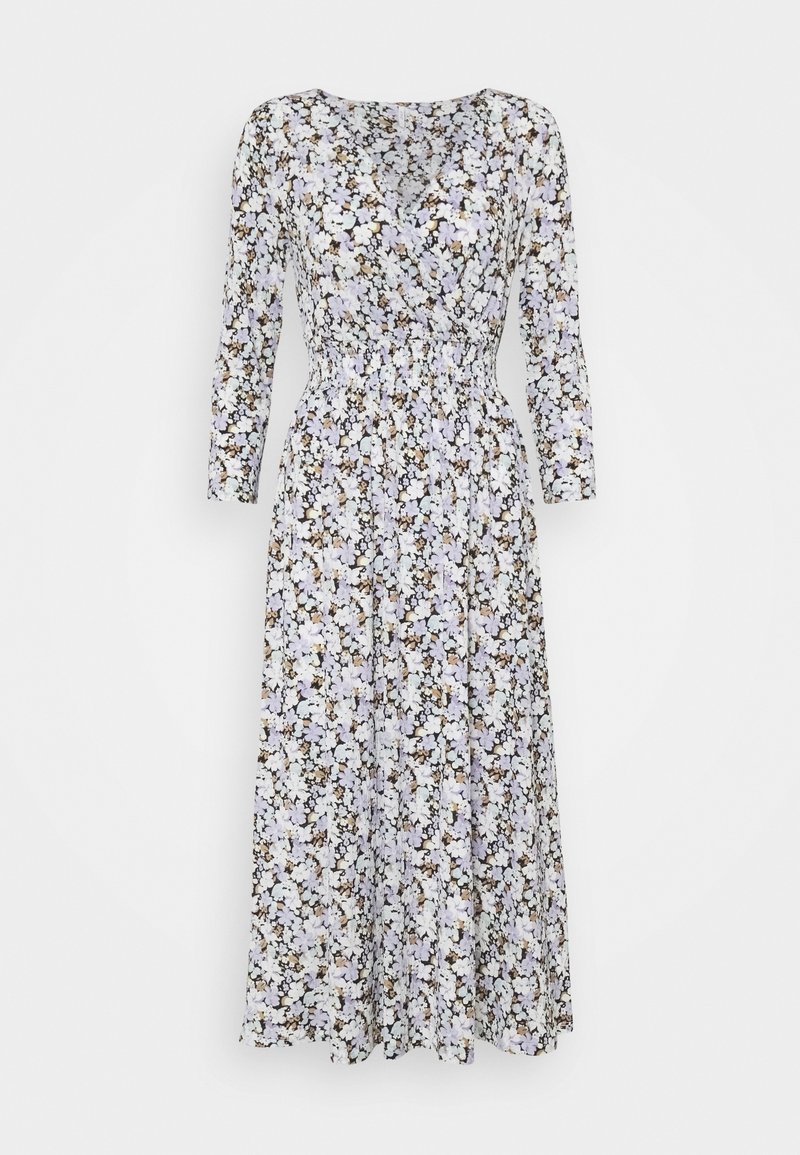 Robe fleurie à nouer ; comporte un décolleté en V, des manches longues, une taille élastique et des motifs pastel violets, blancs et marrons sur fond noir.