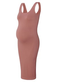 Ribbad gravidklänning i dämpad rosa, ärmlös med rundad halsringning, figurnära silhuett som når till mitten av vadbenet med en bekväm stretch.
