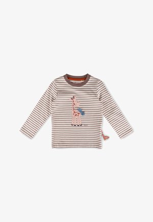 Beiges und braunes gestreiftes Kinderhemd mit langen Ärmeln, mit einer applizierten lächelnden Giraffe und einer blauen Schleife am Hals der Giraffe.