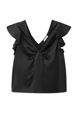 Sort ærmeløs bluse med flagrende ærmer og V-hals, med en rynket detalje foran i midten.