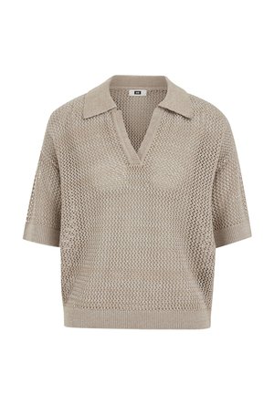 Beež lühikeste varrukatega kootud polo-särk avatud koega mustriga, soonikkoes krae, mansetid ja alumine serv.