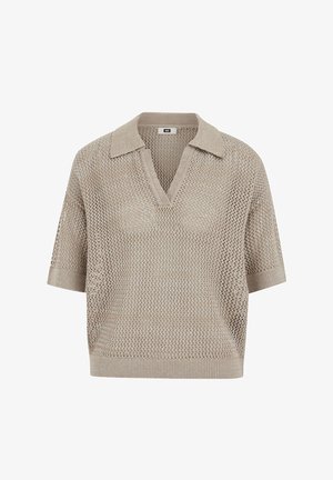 Beež lühikeste varrukatega kootud polo-särk avatud koega mustriga, soonikkoes krae, mansetid ja alumine serv.