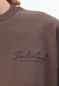 Rudas megztinis su įmoviniu apykaklė. Ant jo esantis iškilus tekstas "Timberland Established 1973" tamsiai žalia spalva. Minkšta tekstūra.