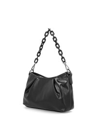Black leather shoulder bag with a chain strap, featuring a slouchy design and pleated detailing. Smooth texture and minimalist silhouette.