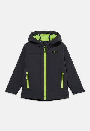 Μαύρο μπουφάν με κουκούλα και φωτεινό πράσινο φερμουάρ, διακοσμητικά στις τσέπες και φόδρα, με το λογότυπο CMP στο στήθος, εμφανίζεται σε λευκό φόντο.