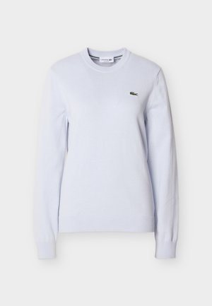 Weißer Pullover mit langen Ärmeln und Rundhalsausschnitt, mit gerippten Bündchen und Saum, versehen mit einem kleinen grünen Krokodil-Logo auf der linken Brust.