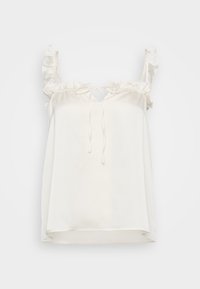 Camisă din satin alb cu bretele volănaș. Are un decupaj la gât și curele reglabile, textură moale și o croială lejeră.