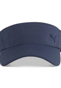 Marinelblauwe zonneklep van lichtgewicht stof, met een brede rand en een geborduurd logo aan de voorkant. Soepele textuur, met gestikte randen.