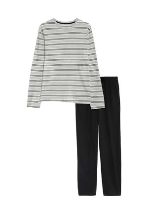 Chemise à manches longues grise avec des rayures horizontales noires et blanches, associée à un pantalon de pyjama noir avec une taille à cordon de serrage ajustable.