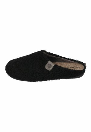 Black slipper made of textured fabric, with a soft lining and a logo tag. The design is open at the heel, featuring a rounded toe.