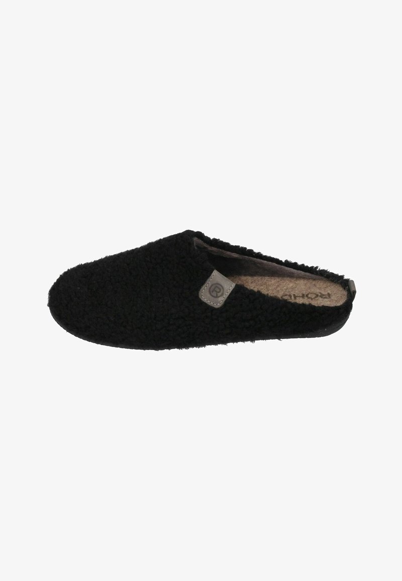 Black slipper made of textured fabric, with a soft lining and a logo tag. The design is open at the heel, featuring a rounded toe.