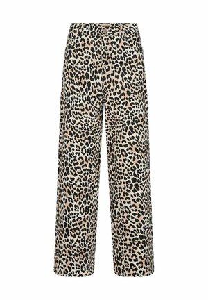 Hlače širokih nogavica od bež tkanine s crnim leopard uzorkom. Dizajnirane su s prilagođenim strukom i ravnim, opuštenim krojem.