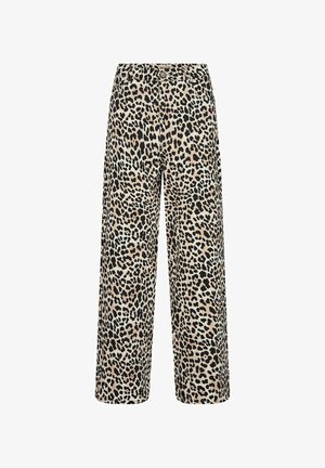 Wide-leg trousers in beige fabric featuring a black leopard print. Designed with a fitted waist and straight, relaxed silhouette.