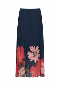 Plisserad marinblå kjol med blommönster i rosa och korall. Har resårmidja och ett lätt, texturerat tyg.