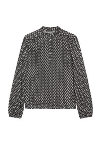 Blusa nera con motivo floreale bianco, scollatura alta e chiusura con bottoni. Maniche lunghe con polsini elastici e vestibilità ampia.