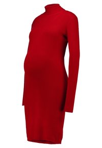 Rotes, langärmliges Turtleneck-Kleid für Schwangere. Hergestellt aus geripptem Strickstoff, körperbetonte Silhouette mit knielangem Schnitt.