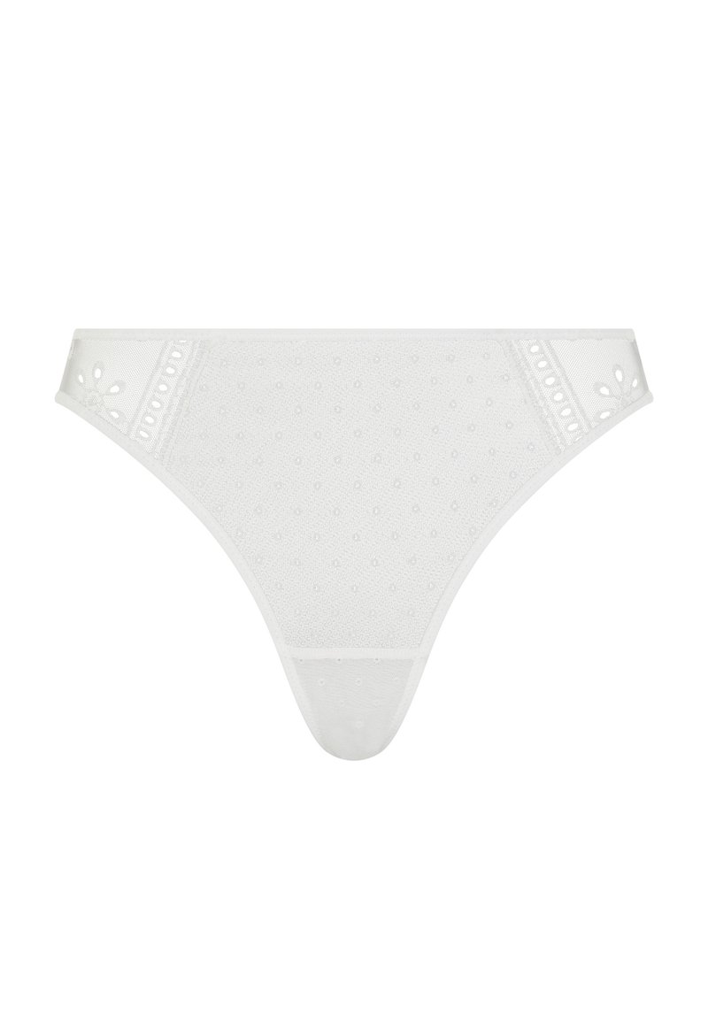 Tanga de encaje blanco con patrón de puntos y detalles de corte floral en los laterales, exhibida sobre un fondo liso.