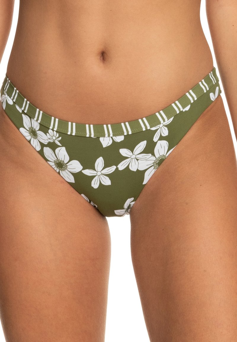 Green bikini bottom with white floral patterns, featuring a striped waistband and seamless construction. Suitable for beachwear.