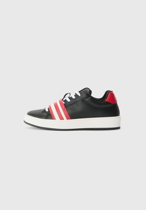 Black synthetic sneakers with white laces and a white sole. Features three red stripes on the side and a red accent on the heel.