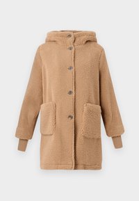 Beige Fleece-Mantel mit Kapuze, vorderer Knopfverschluss, zwei vordere Taschen und gerippten Bündchen. Weiche Textur und gemütliches Design.