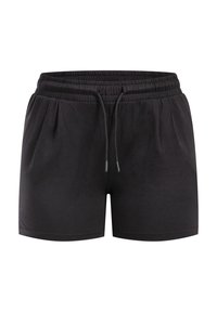Pantaloni corti neri realizzati in tessuto morbido, dotati di una cintura elastica con cordoncino, pieghe laterali e vestibilità dritta. Senza fantasie o accenti.