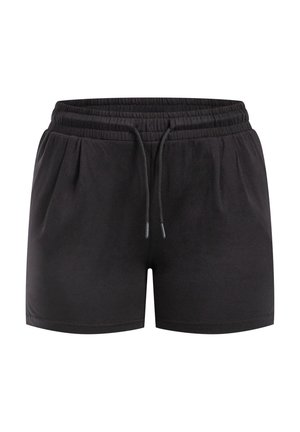 Pantalones cortos negros de tela suave, con cintura elástica y cordón, pliegues laterales y corte recto. Sin estampados ni acentos.