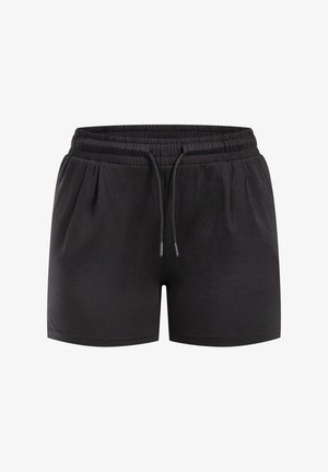 Czarne spodenki wykonane z miękkiego materiału, z elastycznym paskiem w talii i sznurkiem do regulacji, z bocznymi plisami i prostym krojem. Bez wzorów ani zdobień.