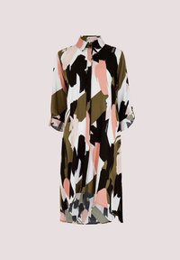 Potiskované šaty-košile se směsí abstraktních tvarů v černé, růžové a olivově zelené barvě. Mají zapínání na knoflíky a ohrnovací rukávy.