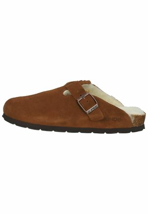 Brown suede clogs featuring a metal buckle strap, soft lining, and a textured black sole for grip. Ideal for comfort and casual wear.