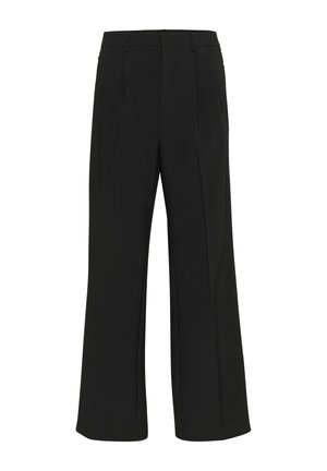 Pantaloni negri cu picioare largi, confecționați dintr-un material neted, având pliuri frontale, un talie ajustată și buzunare laterale. Design minimalist.