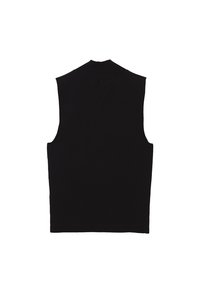 Top negro sin mangas con un cuello alto, hecho de una tela suave, que presenta un color sólido sin patrones ni acentos.
