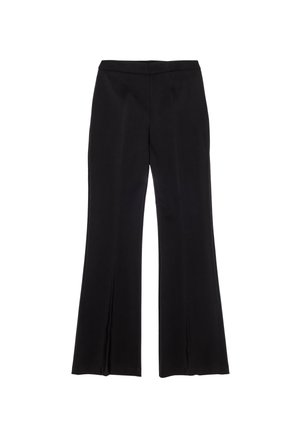 Pantaloni neri a vita alta con un leggero svaso sul fondo, design semplice, senza tasche o decorazioni visibili.