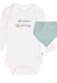 Weißer Langarm-Body mit dem Aufdruck "kleiner Liebling", kombiniert mit einem mintgrünen Musselin-Lätzchen. Hergestellt aus weichem Baumwollmaterial, mit Druckknopfverschluss im Schritt.
