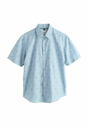 Light blue short-sleeve button-up shirt with small multicolored bird patterns scattered across the fabric.