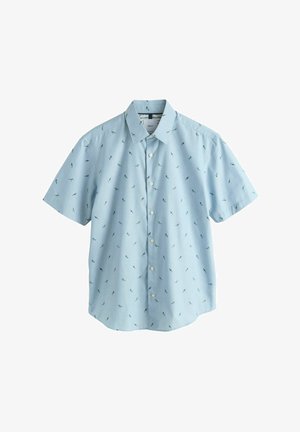 Light blue short-sleeve button-up shirt with small multicolored bird patterns scattered across the fabric.