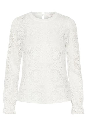 Langärmlige weiße Spitzenbluse mit floralen und geometrischen Mustern, rundem Ausschnitt, Schlitz mit Knopfverschluss hinten und leicht gerafften Manschetten.