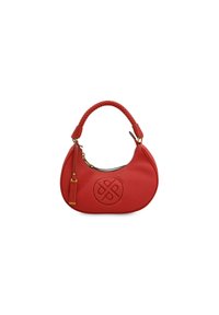 Red hobo bag with a rounded shape, textured material, braided handle, embossed logo, and gold-tone hardware. Zipper closure with a tag.