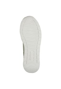 Semelle de chaussure en caoutchouc blanc avec surface texturée et motif de crampons ondulés ; étiquetée avec la marque "Marco Tozzi."